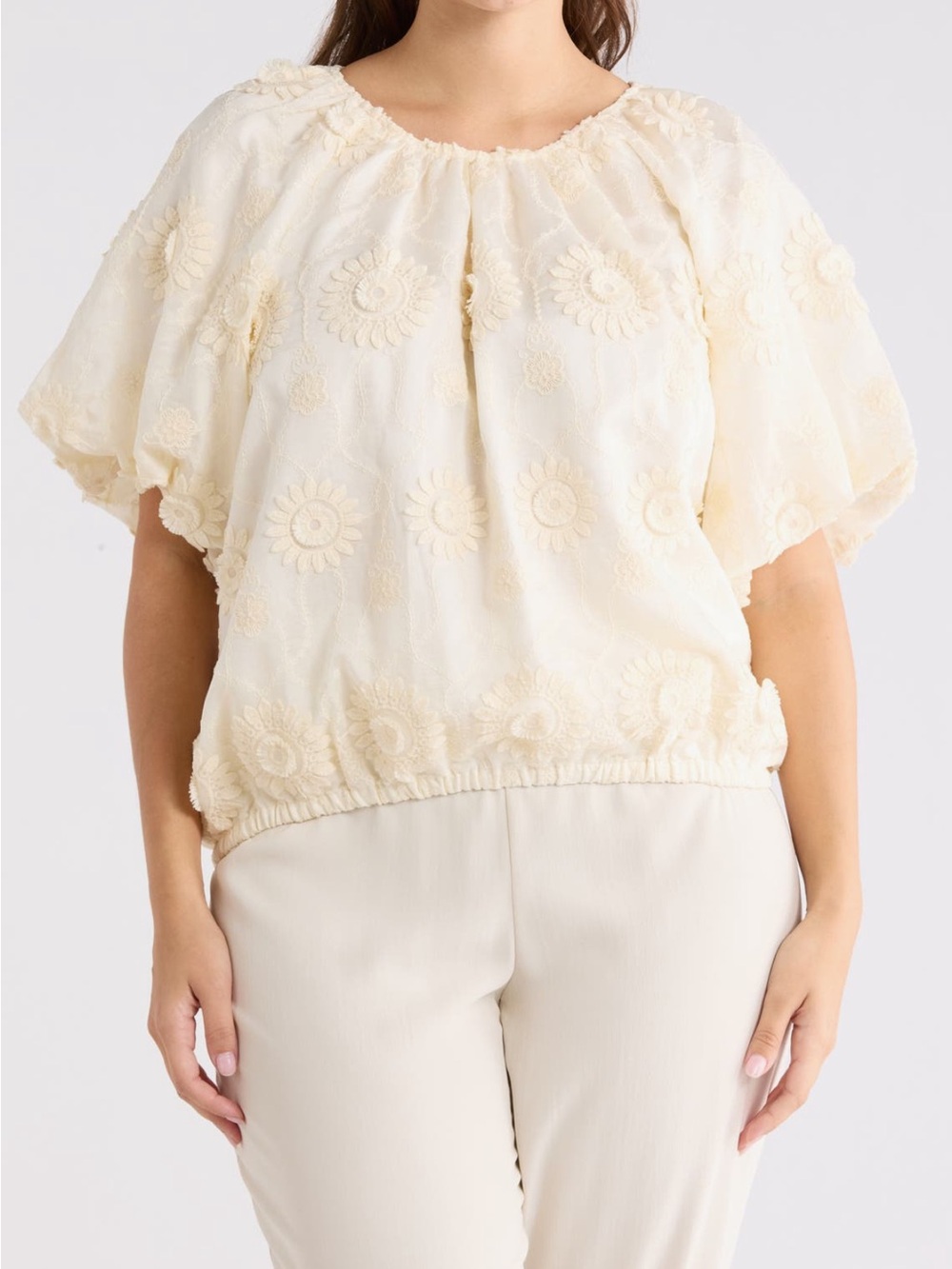 Industry Republic Clothing Floral Embroidered Puff Short Sleeve Blouse
